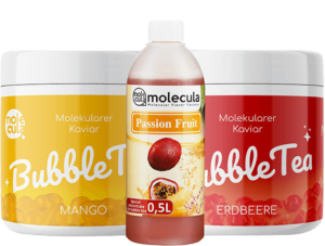Bubble Tea Set - Molekularkaviar: Erdbeere und Mango, Passionsfrucht Sirup, Tassen und Strohhalme
