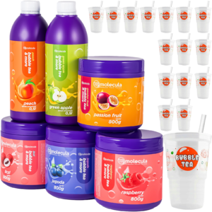 Popping Boba Molecula Bubble Tea Set 4x Fruchtperlen, Litschi, Himbeere, Passionfrucht und Blaubeere 2x Sirup Apfel und Pfirsich Becher, Strohhalme Popping Boba