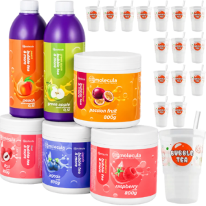 Popping Boba Molecula Bubble Tea Set 4x Fruchtperlen, Litschi, Himbeere, Passionfrucht und Blaubeere 2x Sirup Apfel und Pfirsich Becher, Strohhalme Popping Boba