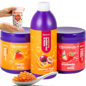 Popping Boba Molecula Bubble Tea Set 2x Fruchtperlen Litschi und Mango 1x Sirup Himbeere 15x Becher 15x Strohhalme Popping Boba