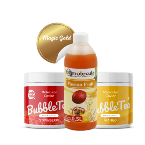 Magic Gold Set für Bubble Tea - Fruchtperlen: Erdbeere und Mango, Passionsfrucht Sirup, Becher und Strohhalme